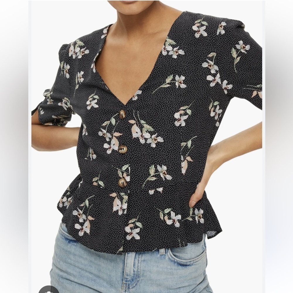 Topshop Y2K Floral Print & Tiny Polka Dot Button Down Tie Cuff Blouse Top size 4